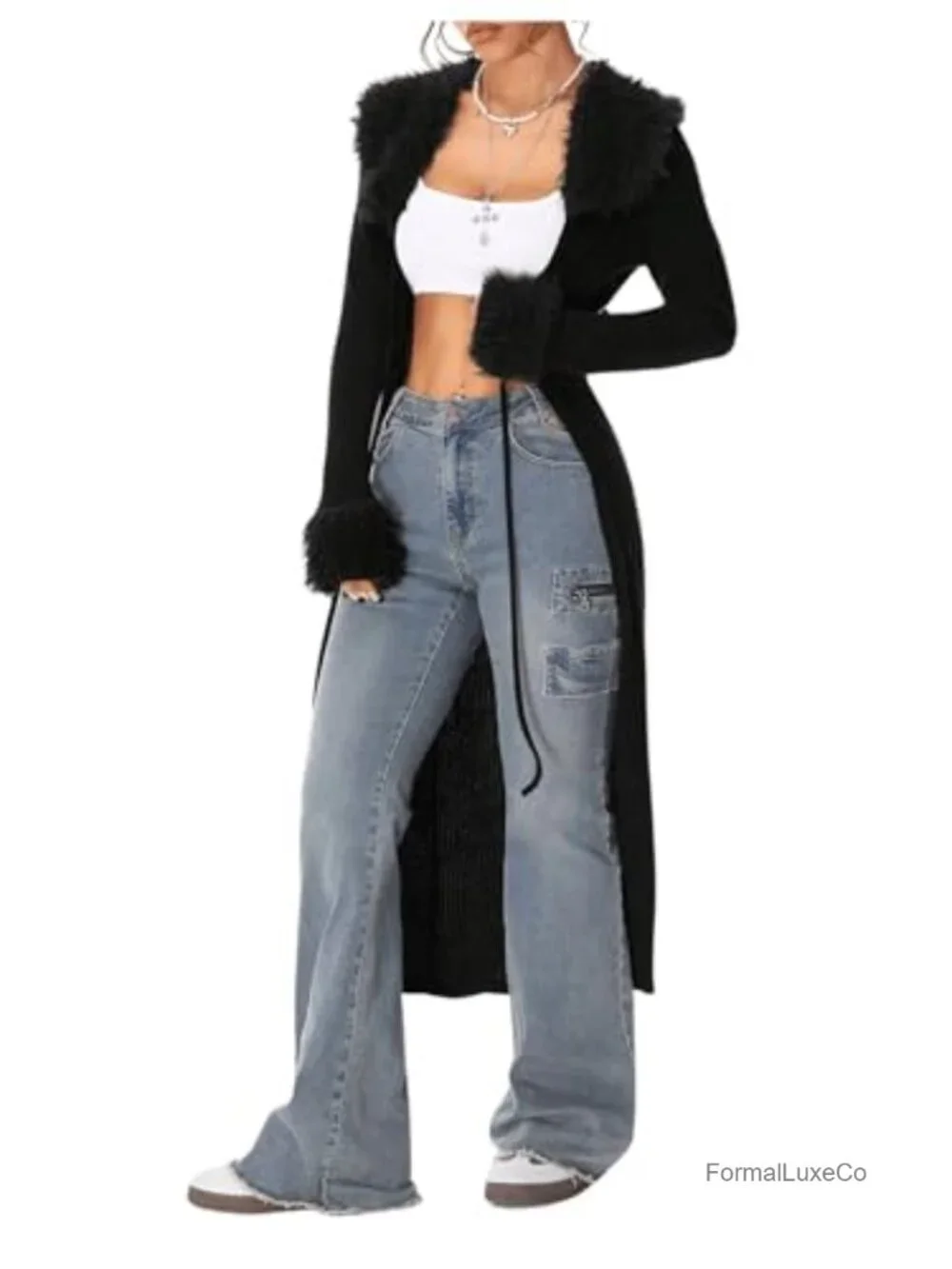 Y2K Long Cardigan with Faux Fur Trim Open Front Knit Sweater